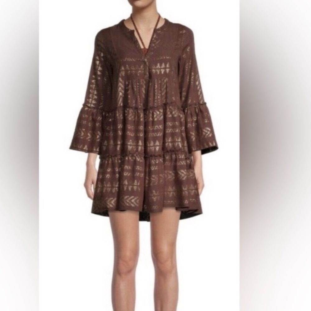 Elan Brown Printed Tiered Mini Dress